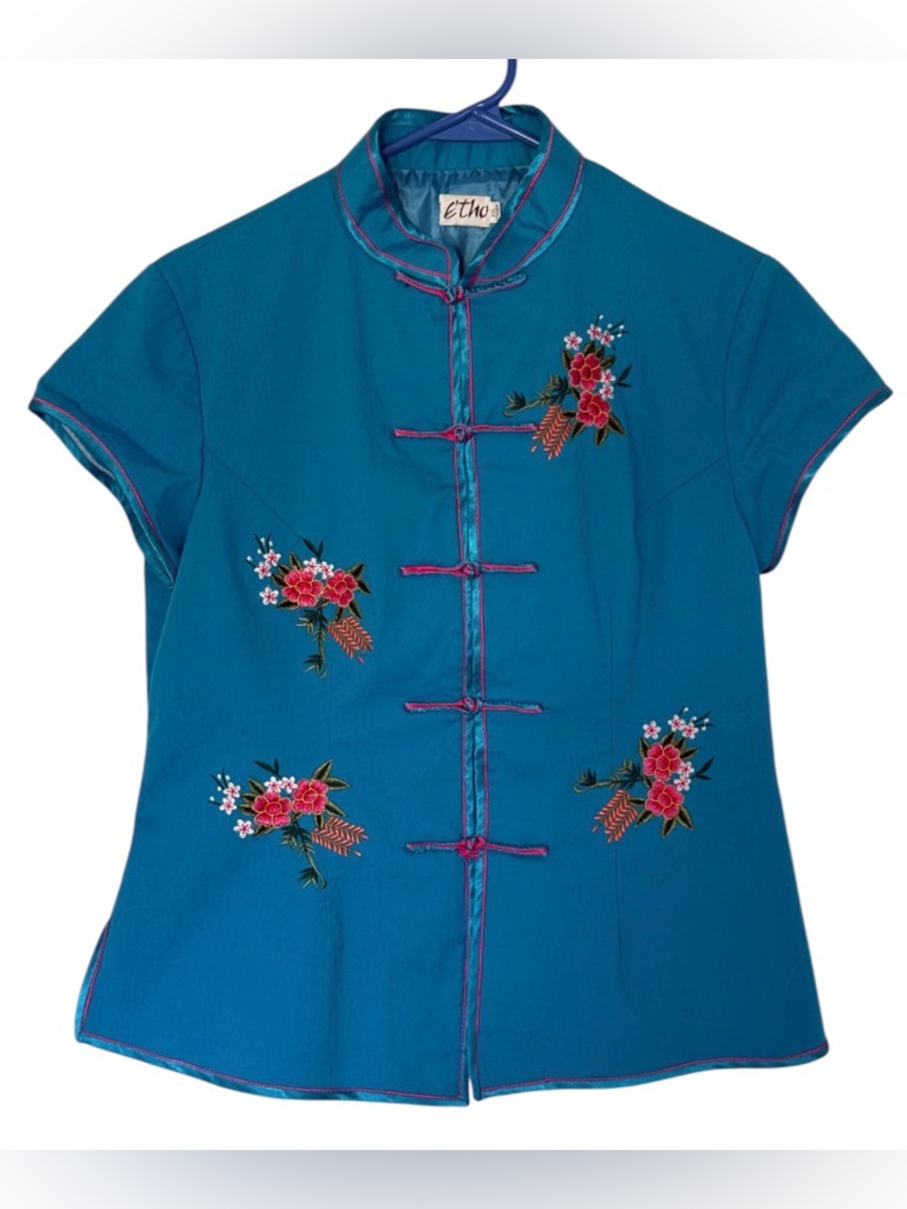 Etho Teal Floral Embroidered Mandarin Blouse with Frog Buttons szXXL/
